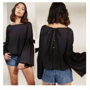 Free People So Obviously Yours Pleated Bell Sleeve Blouse Black Top L